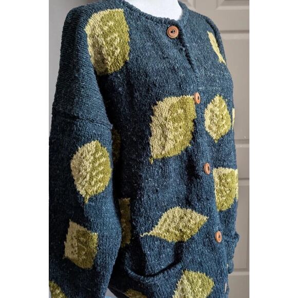 Vtg Territory Ahead Wool Cardigan M L Women Green Printed Textured Knit Sweater - Picture 16 of 16